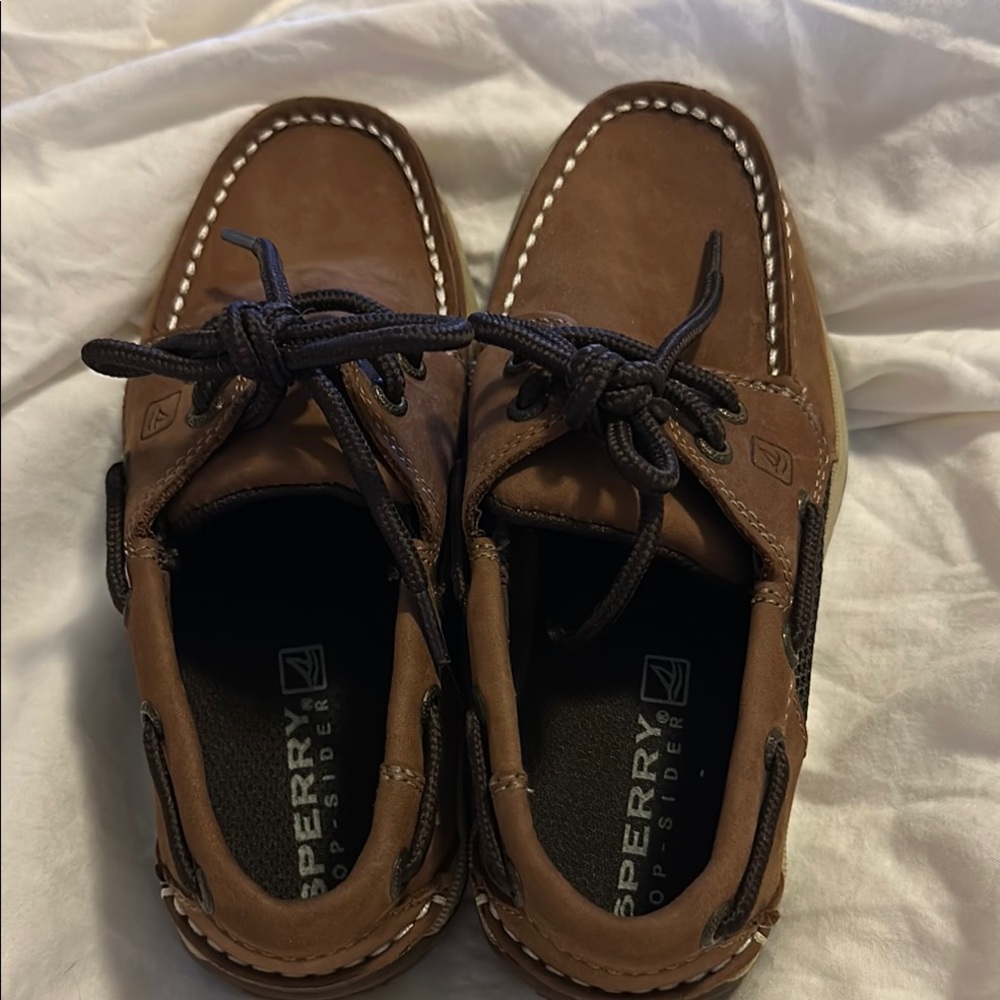Sperry Little Kid’s Brown Boat Shoes with Black Laces and White Stitching